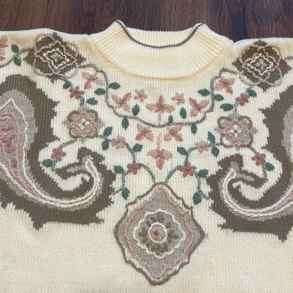 Dana Scott Sweater Cream Floral Green Pink Beige Large - Picture 2 of 3